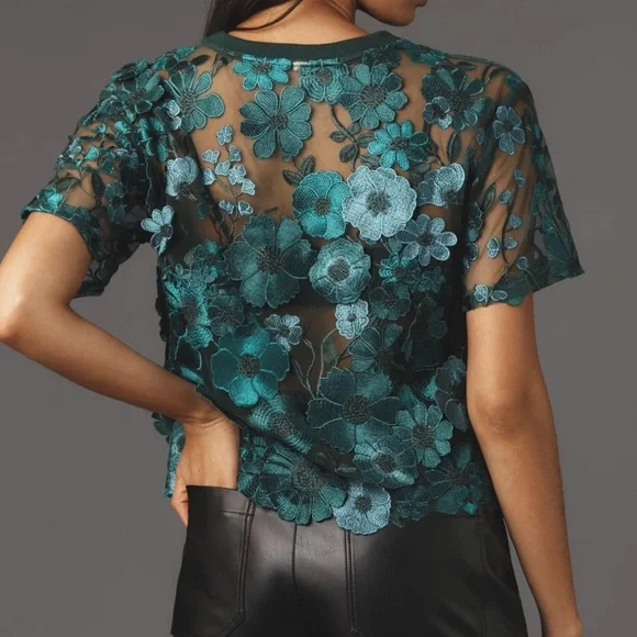 NWOT Anthropologie Dolan Left Coast Flower Appliqué Sheer Tee in Turquoise - Picture 2 of 4